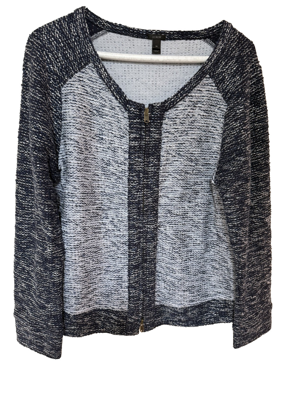 J Crew Heathered Navy/Lt Blue Full Zip Sweater Size M Coastal Quiet Luxury